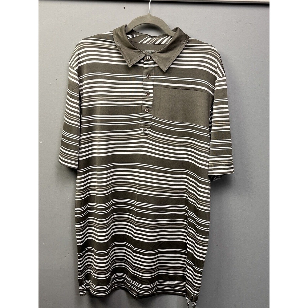 OGIO Polo Shirt Mens Large Olive Green White Striped Short Sleeve Pocket Golf